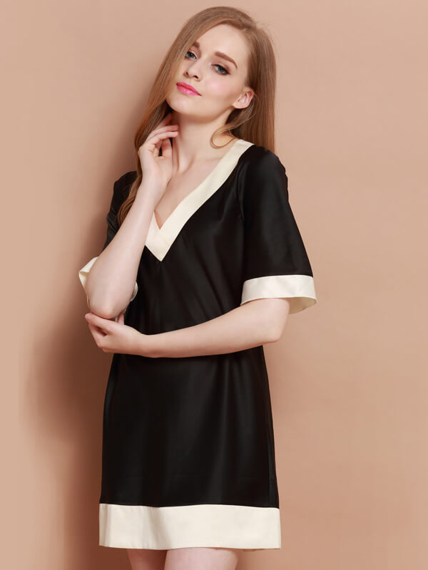 19 Momme Contrast Neckline Silk Nightdress with Bell Sleeves