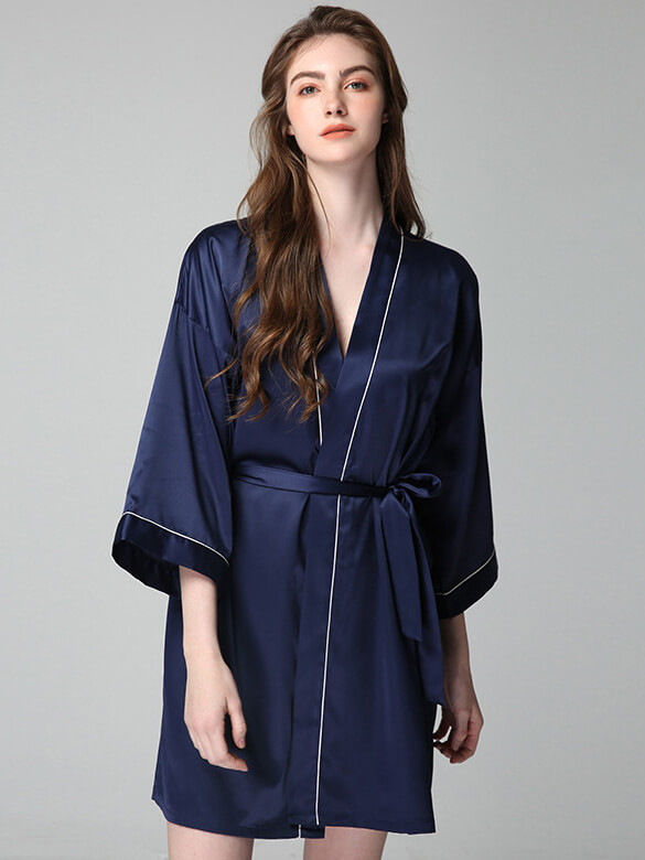 19 Momme Piped Short Silk Bride and Bridesmaids Bathrobe