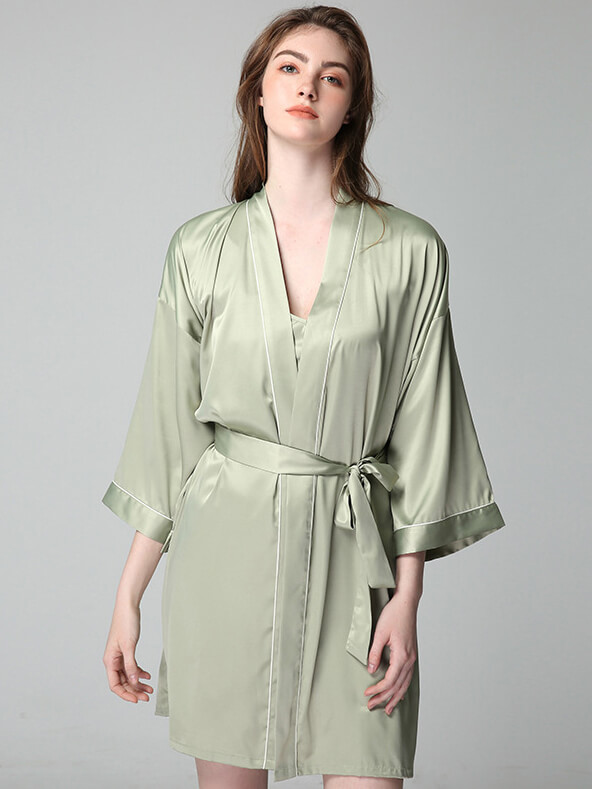19 Momme Piped Short Silk Bride and Bridesmaids Bathrobe