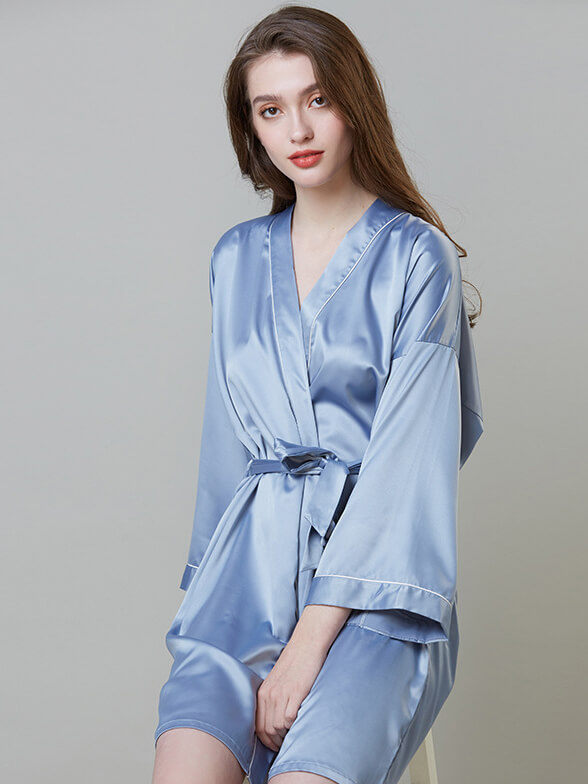 19 Momme Piped Short Silk Bride and Bridesmaids Bathrobe