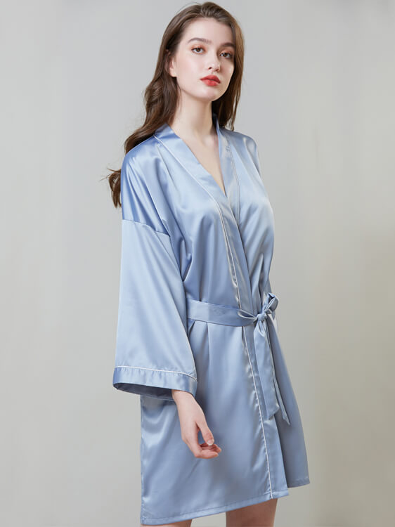 19 Momme Piped Short Silk Bride and Bridesmaids Bathrobe