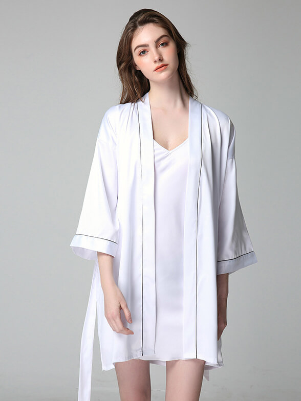 19 Momme Piped Short Silk Bride and Bridesmaids Bathrobe