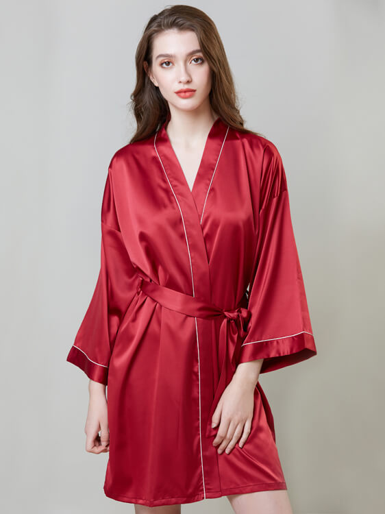 19 Momme Piped Short Silk Bride and Bridesmaids Bathrobe