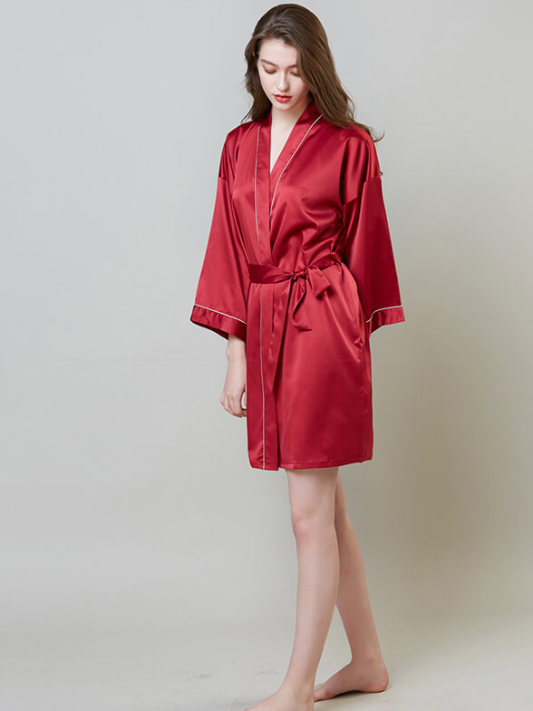 19 Momme Piped Short Silk Bride and Bridesmaids Bathrobe