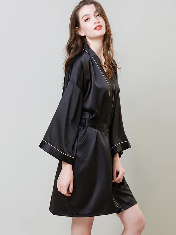 19 Momme Piped Short Silk Bride and Bridesmaids Bathrobe