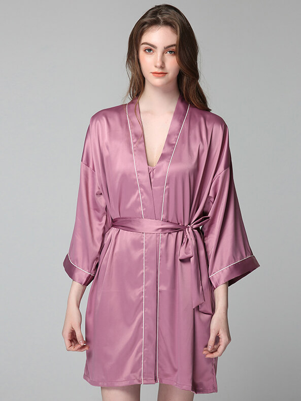 19 Momme Piped Short Silk Bride and Bridesmaids Bathrobe