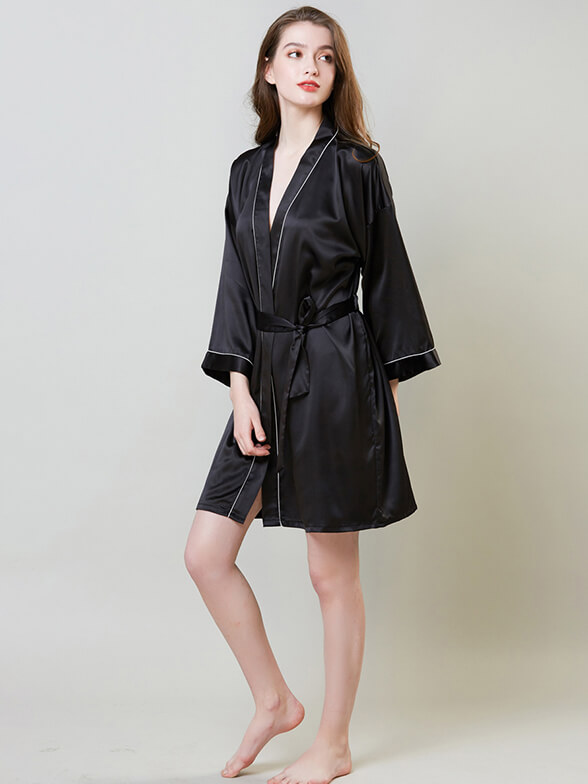 19 Momme Piped Short Silk Bride and Bridesmaids Bathrobe