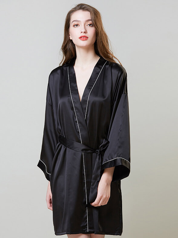 19 Momme Piped Short Silk Bride and Bridesmaids Bathrobe