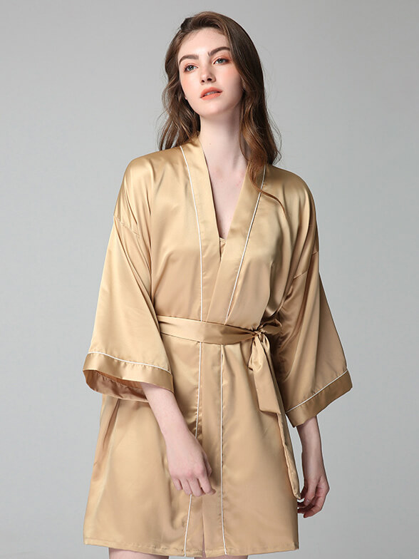 19 Momme Piped Short Silk Bride and Bridesmaids Bathrobe