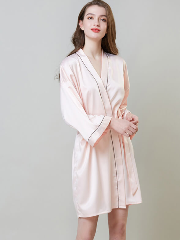 19 Momme Piped Short Silk Bride and Bridesmaids Bathrobe