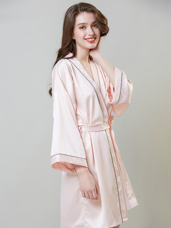 19 Momme Piped Short Silk Bride and Bridesmaids Bathrobe