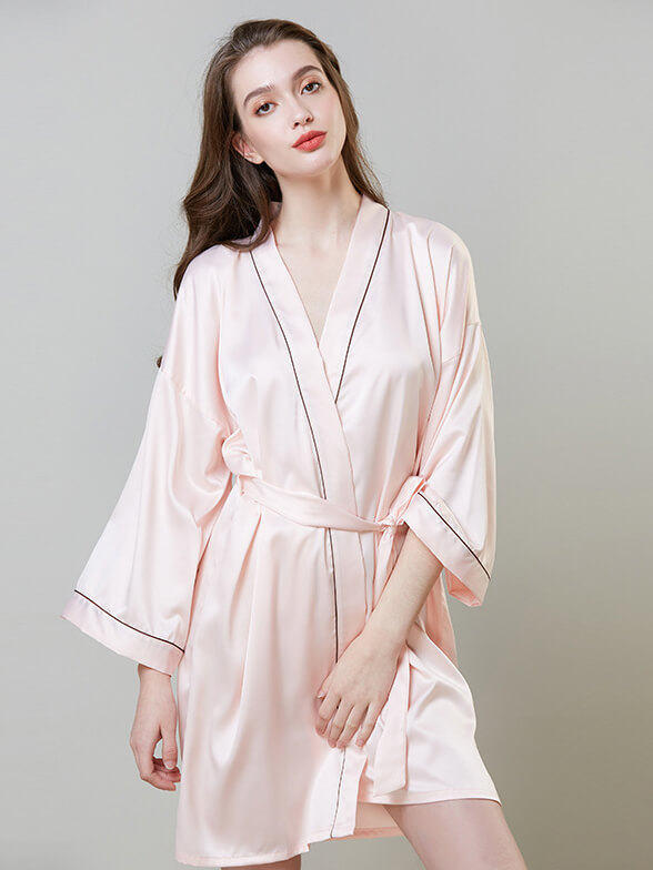 19 Momme Piped Short Silk Bride and Bridesmaids Bathrobe