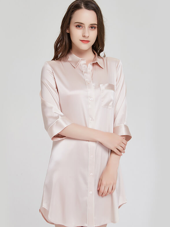 19 Momme Half Sleeve Shirt Collar Silk Nightshirt for Women - Click Image to Close