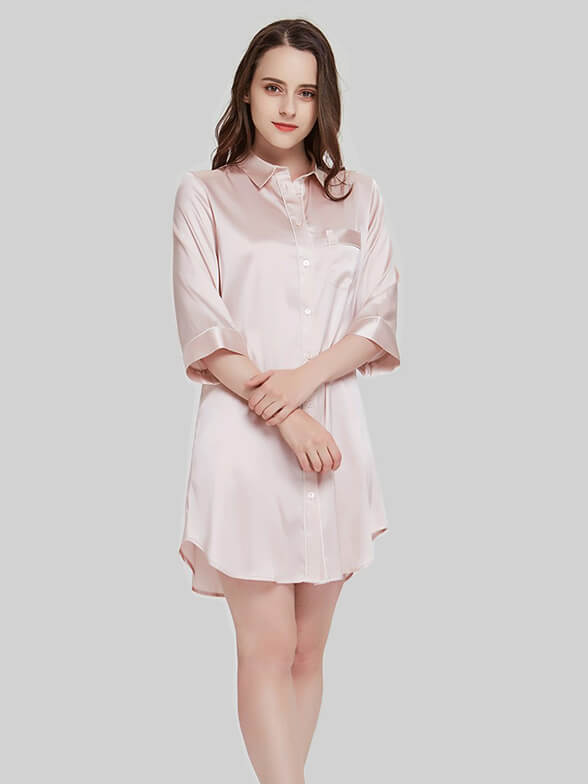 19 Momme Mid Sleeve Trimmed Silk Nightshirt for Women