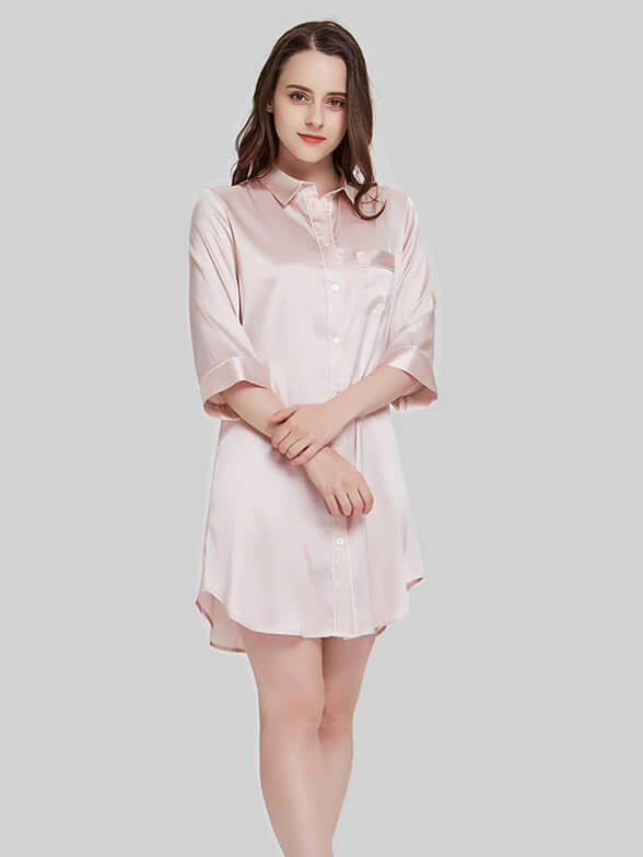 19 Momme Half Sleeve Shirt Collar Silk Nightshirt for Women