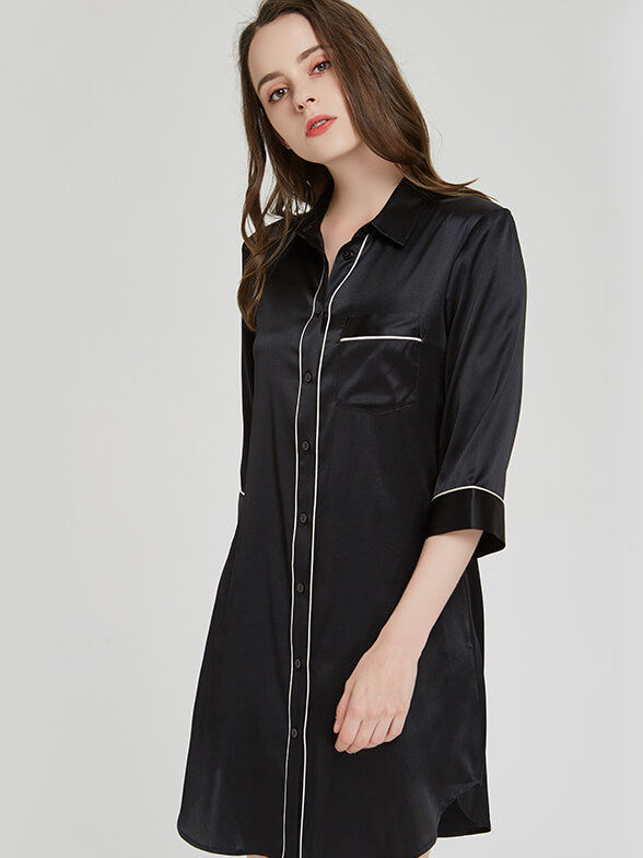 19 Momme Half Sleeve Shirt Collar Silk Nightshirt for Women