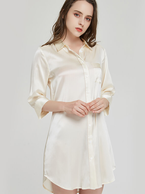 19 Momme Half Sleeve Shirt Collar Silk Nightshirt for Women