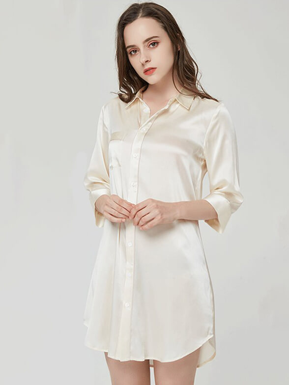 19 Momme Half Sleeve Shirt Collar Silk Nightshirt for Women