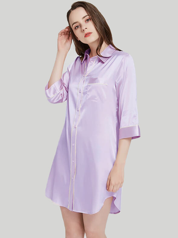 19 Momme Half Sleeve Shirt Collar Silk Nightshirt for Women