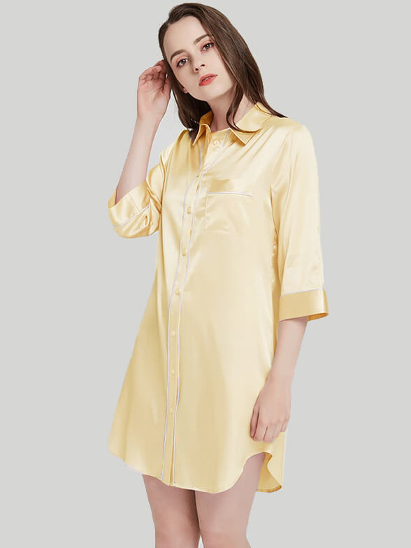 19 Momme Half Sleeve Shirt Collar Silk Nightshirt for Women