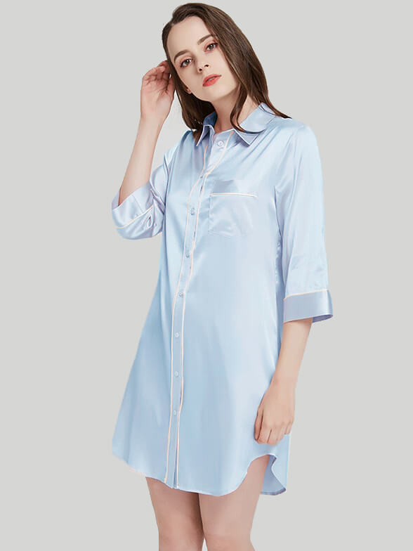 19 Momme Half Sleeve Shirt Collar Silk Nightshirt for Women