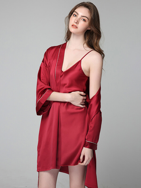 22 Momme Classic Silk Nightgown and Robe Set with Piping