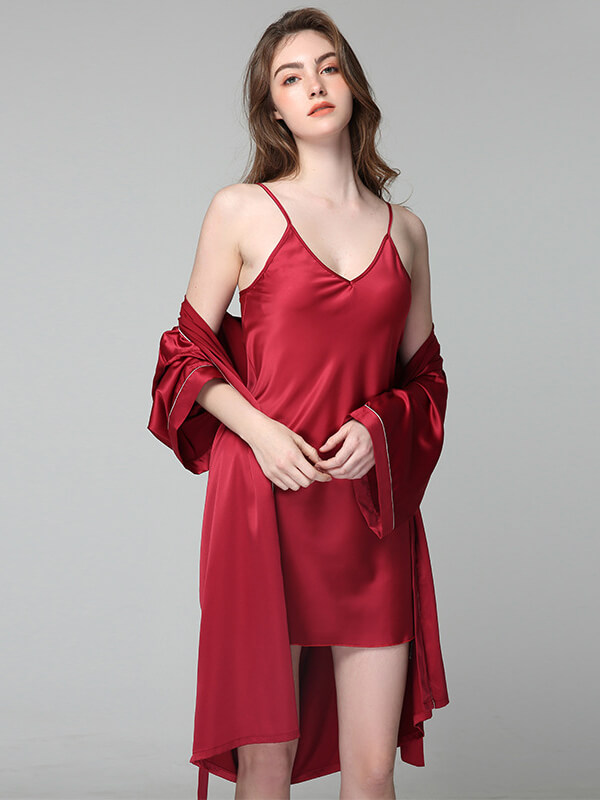 22 Momme Classic Silk Nightgown and Robe Set with Piping
