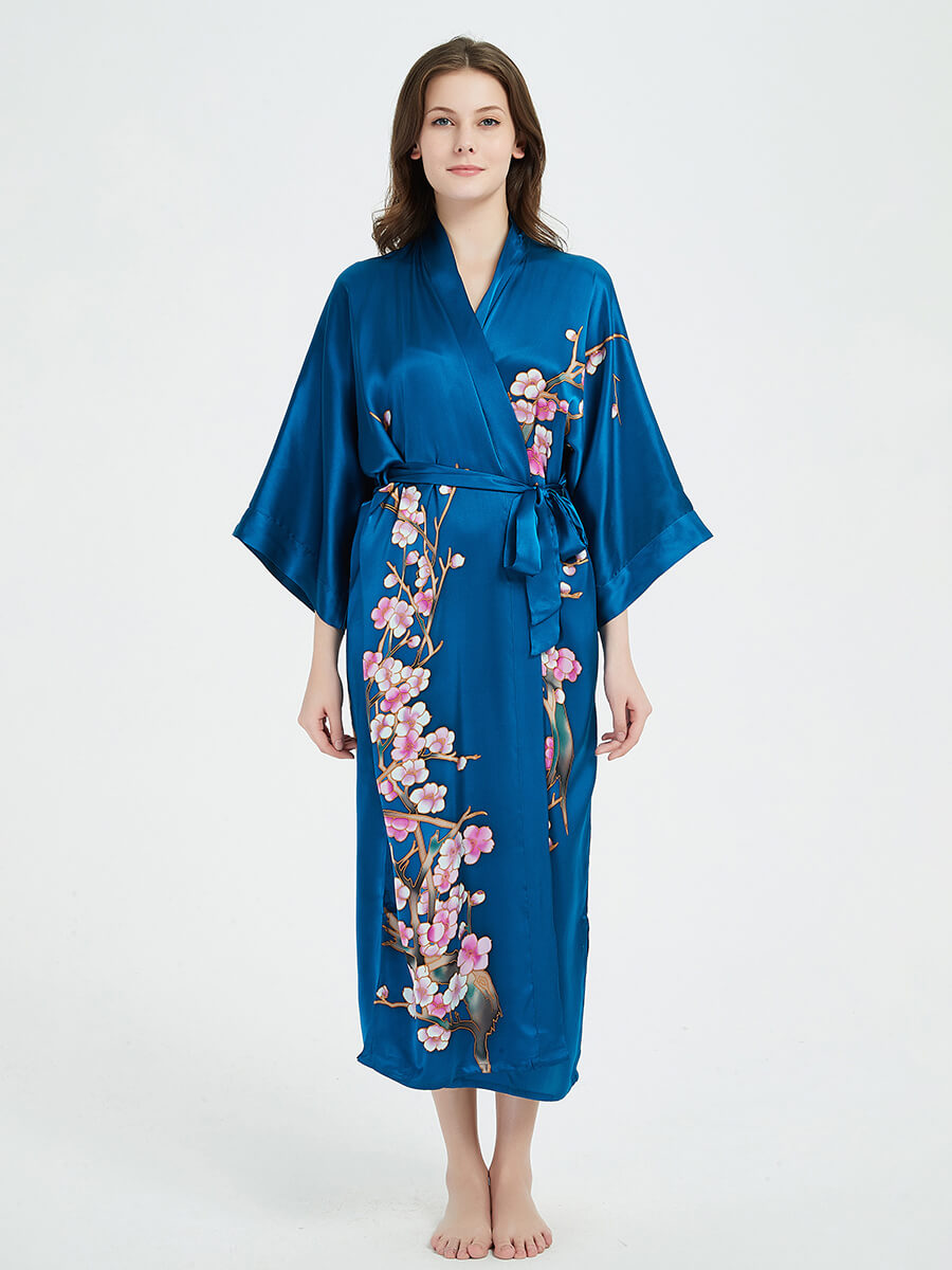 16 Momme Blossoming Long Silk Kimono Robe