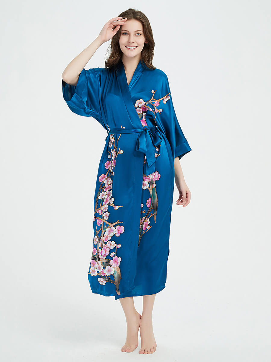 16 Momme Blossoming Long Silk Kimono Robe