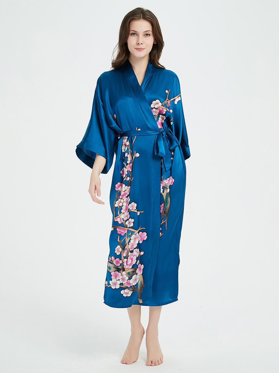 16 Momme Blossoming Long Silk Kimono Robe