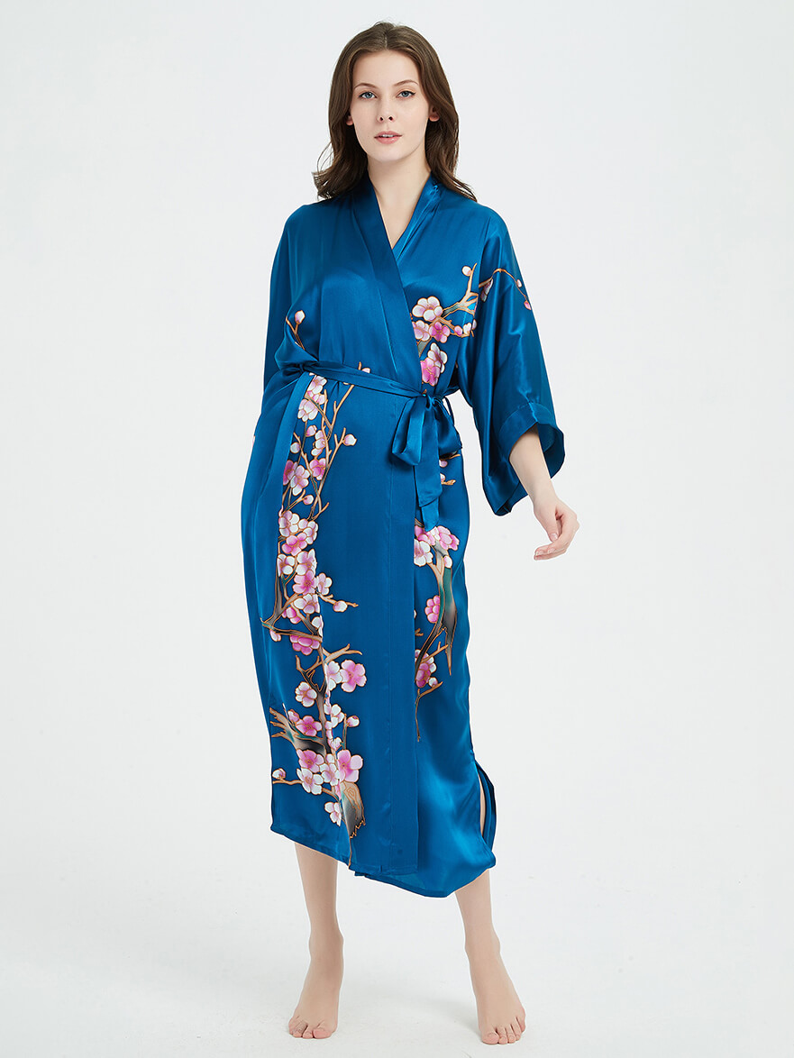 16 Momme Blossoming Long Silk Kimono Robe