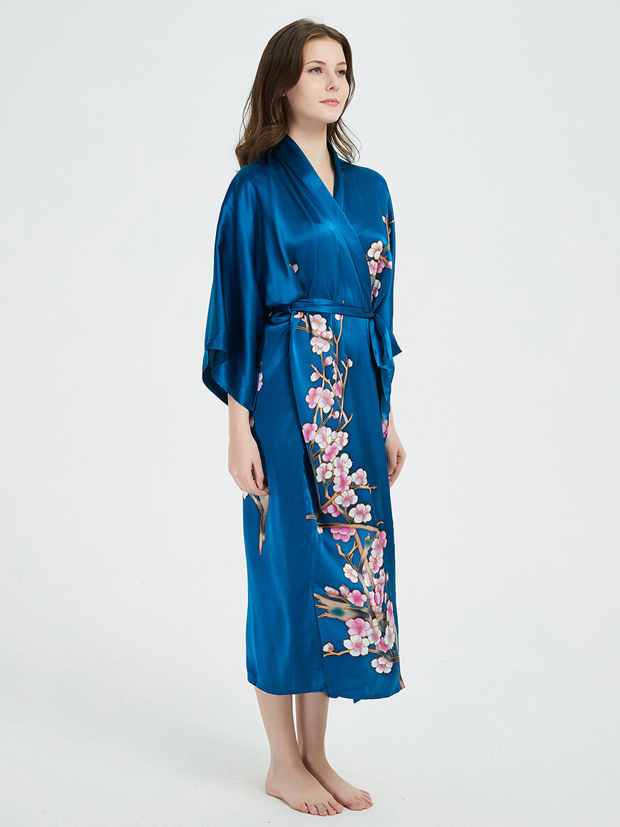 Original Design Blossom Printing Mulberry Silk Long Kimono Robe