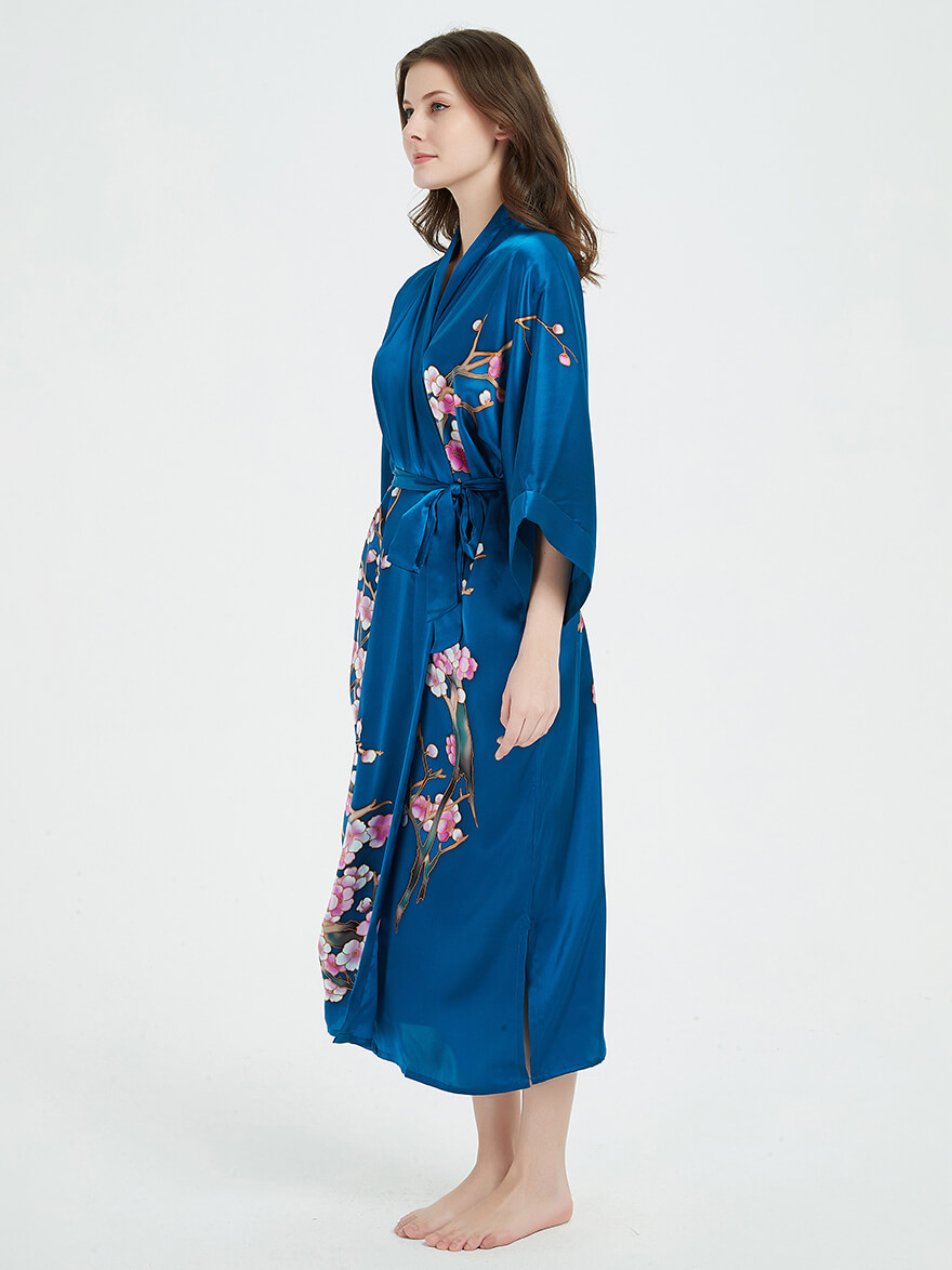 16 Momme Blossoming Long Silk Kimono Robe