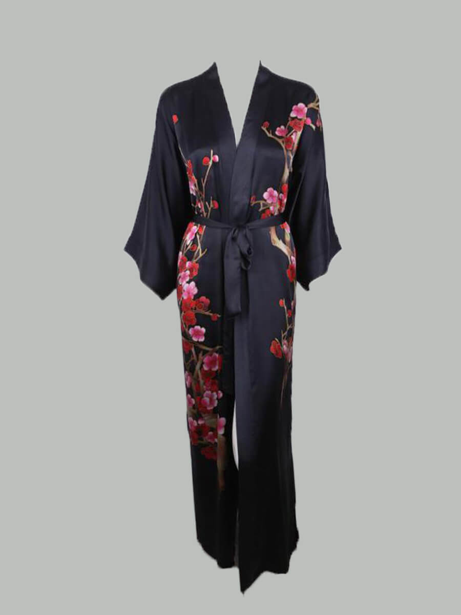 16 Momme Blossoming Long Silk Kimono Robe