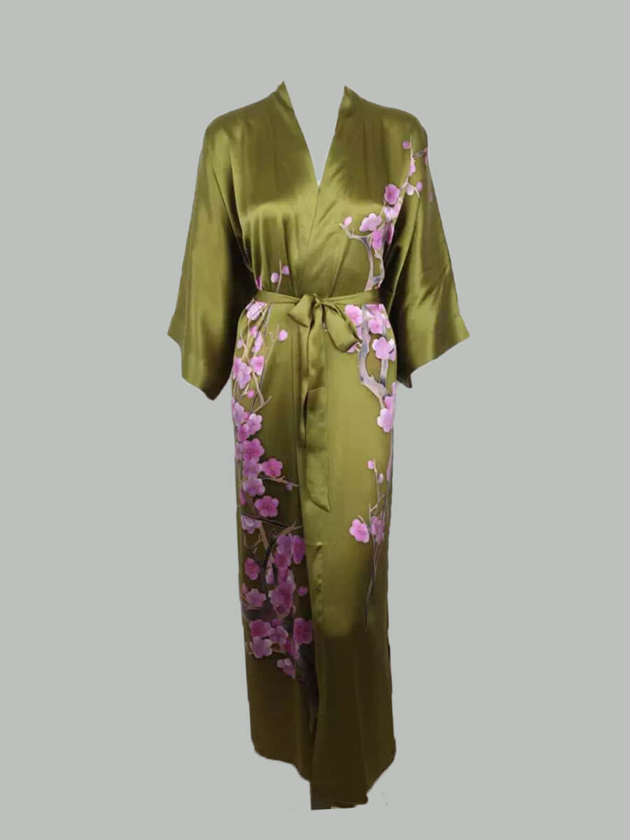 Original Design Blossom Printing Mulberry Silk Long Kimono Robe