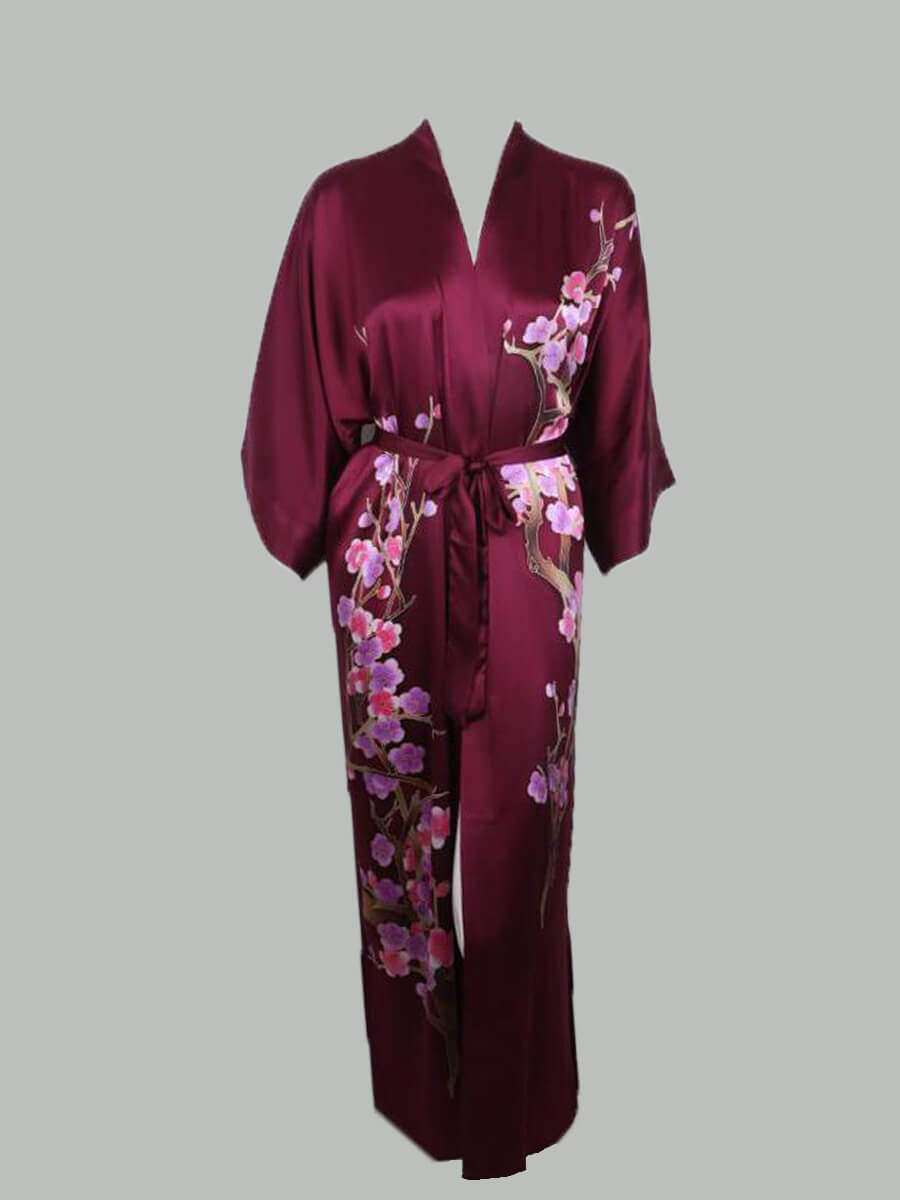 16 Momme Blossoming Long Silk Kimono Robe