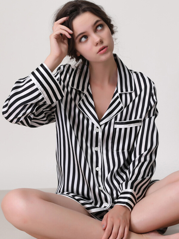 19 Momme Striped Long-sleeve Silk Pajama Shorts Set