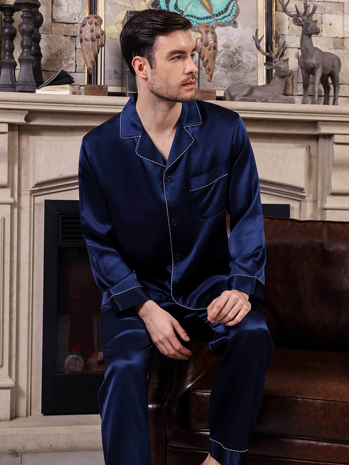 19 Momme Navy Blue Mens Silk Pajama Set