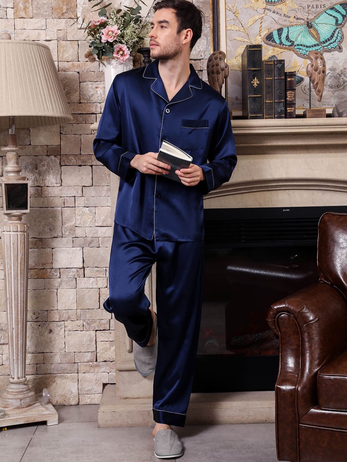 19 Momme Navy Blue Mens Silk Pajama Set