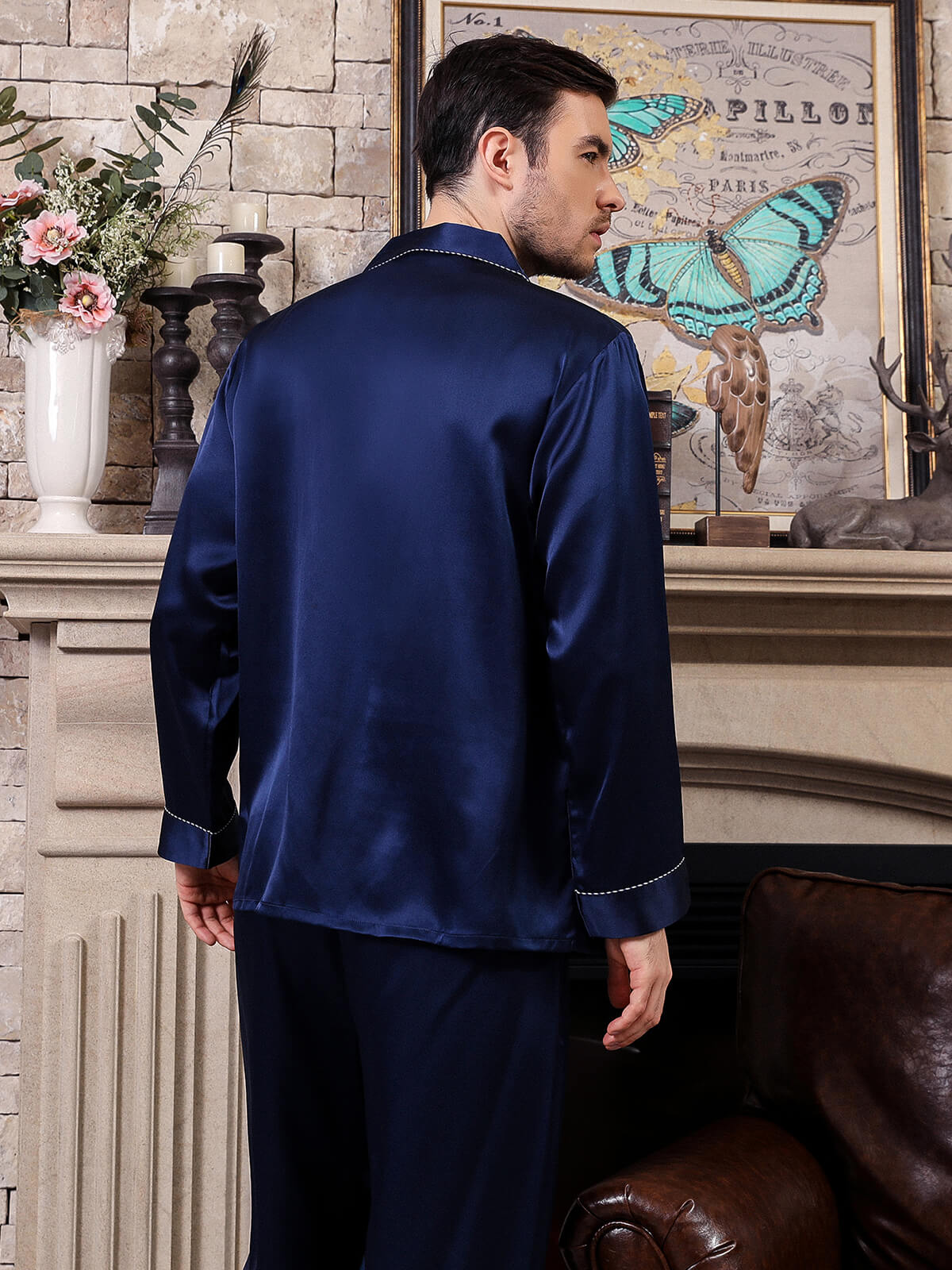 19 Momme Navy Blue Mens Silk Pajama Set