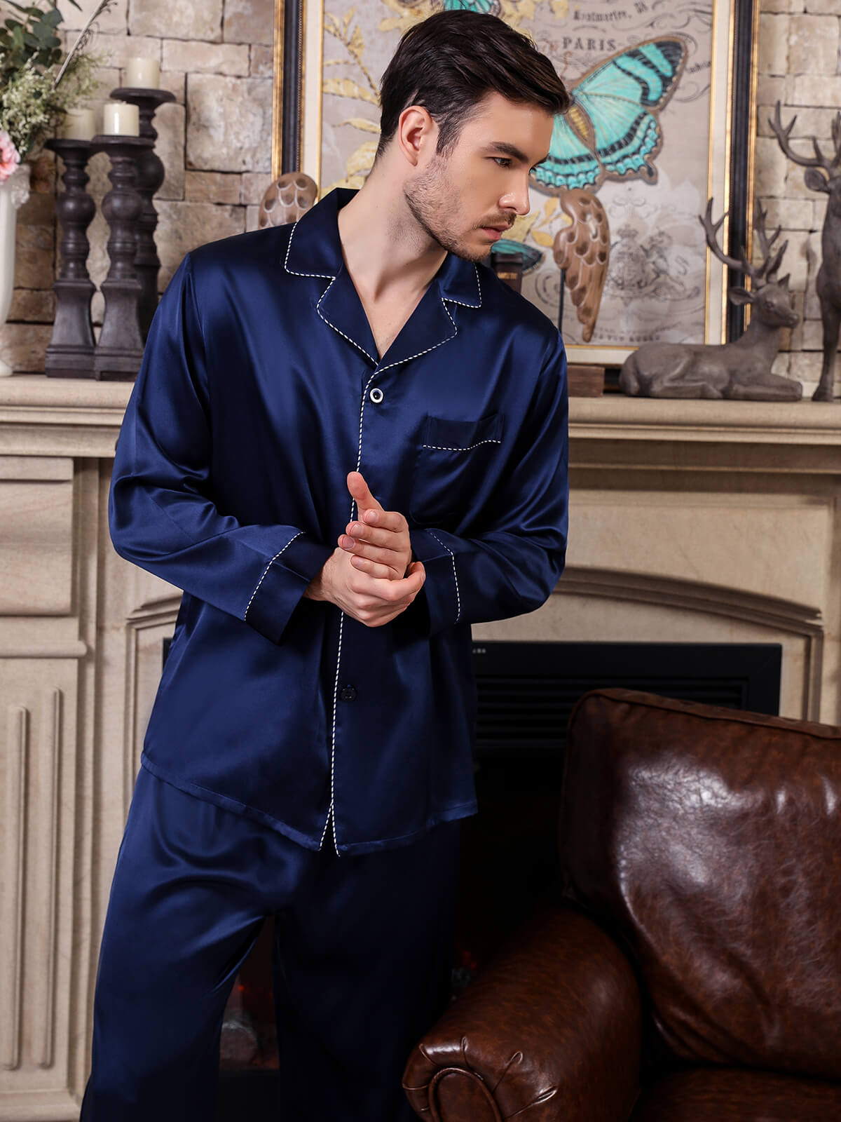 19 Momme Navy Blue Mens Silk Pajama Set