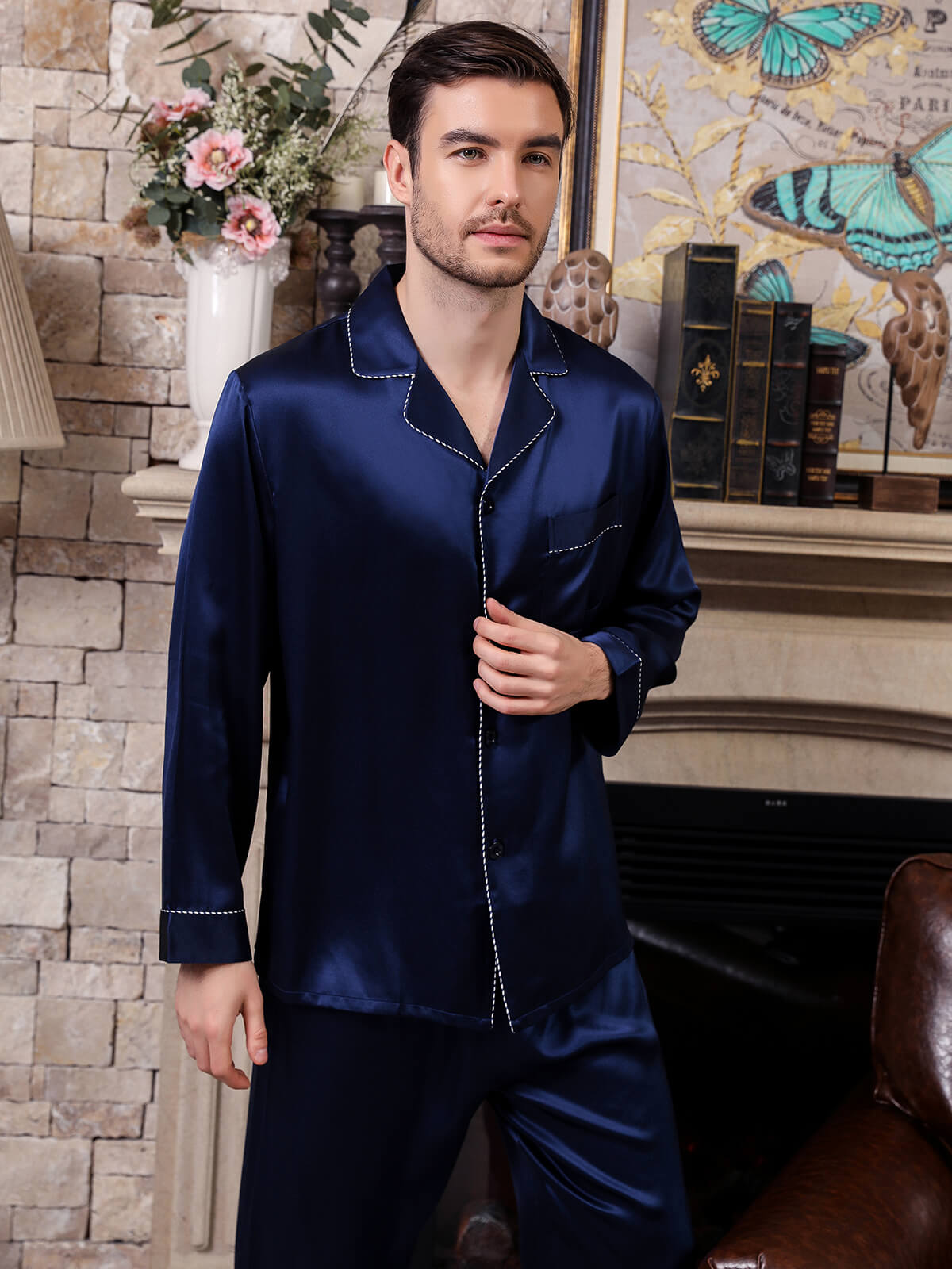 19 Momme Navy Blue Mens Silk Pajama Set