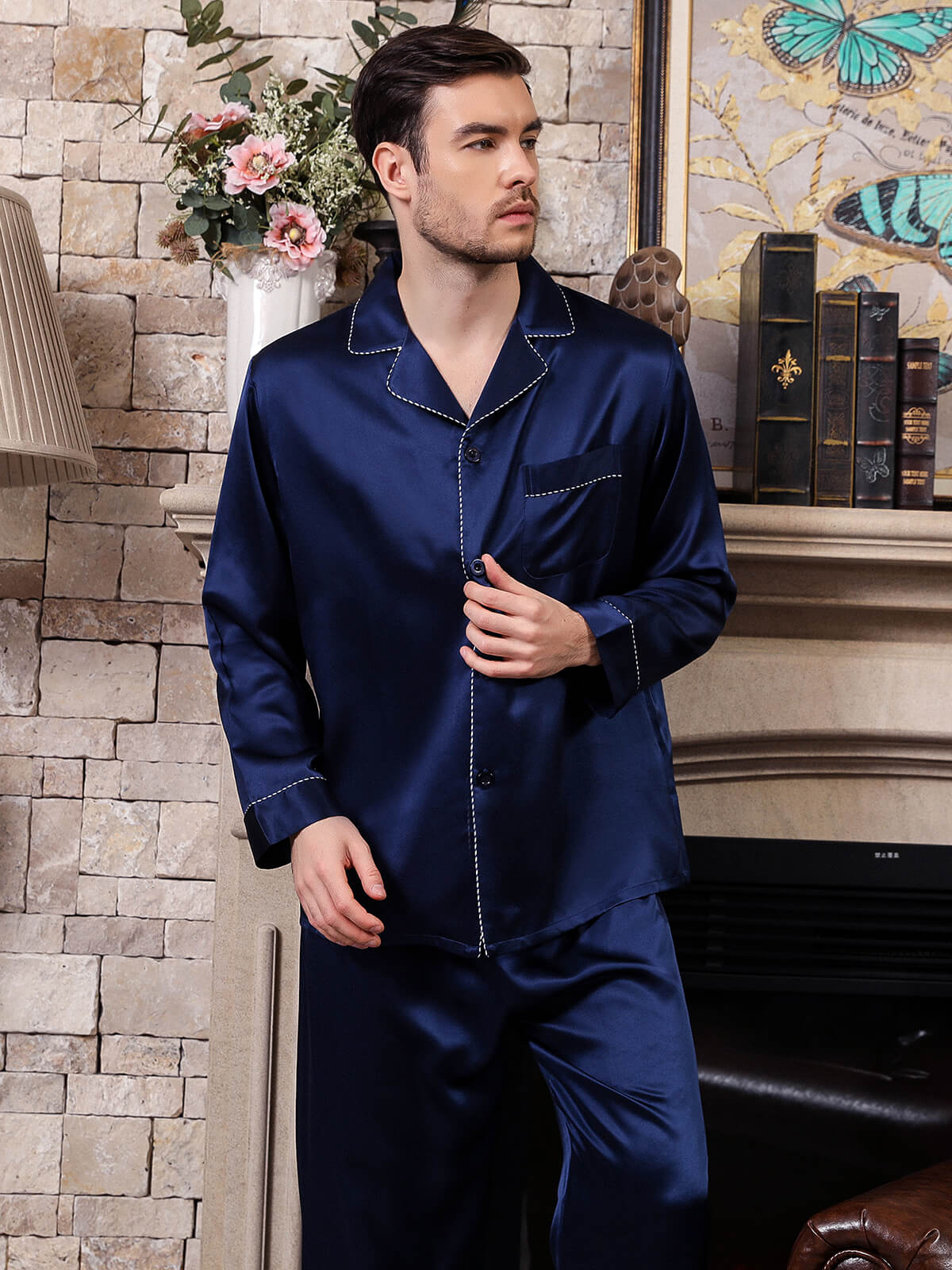 19 Momme Navy Blue Mens Silk Pajama Set