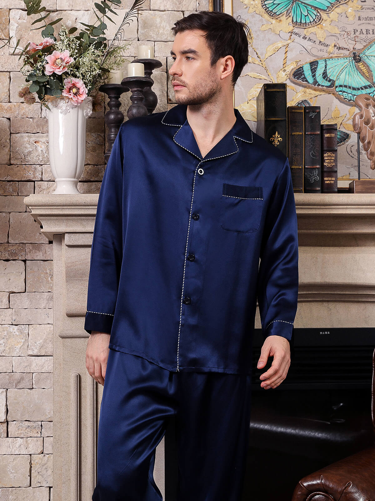 19 Momme Navy Blue Mens Silk Pajama Set