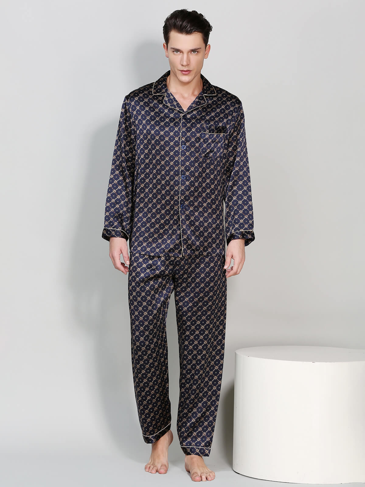 19 Momme Men's Navy Blue Geometric Print Silk Pajama Set
