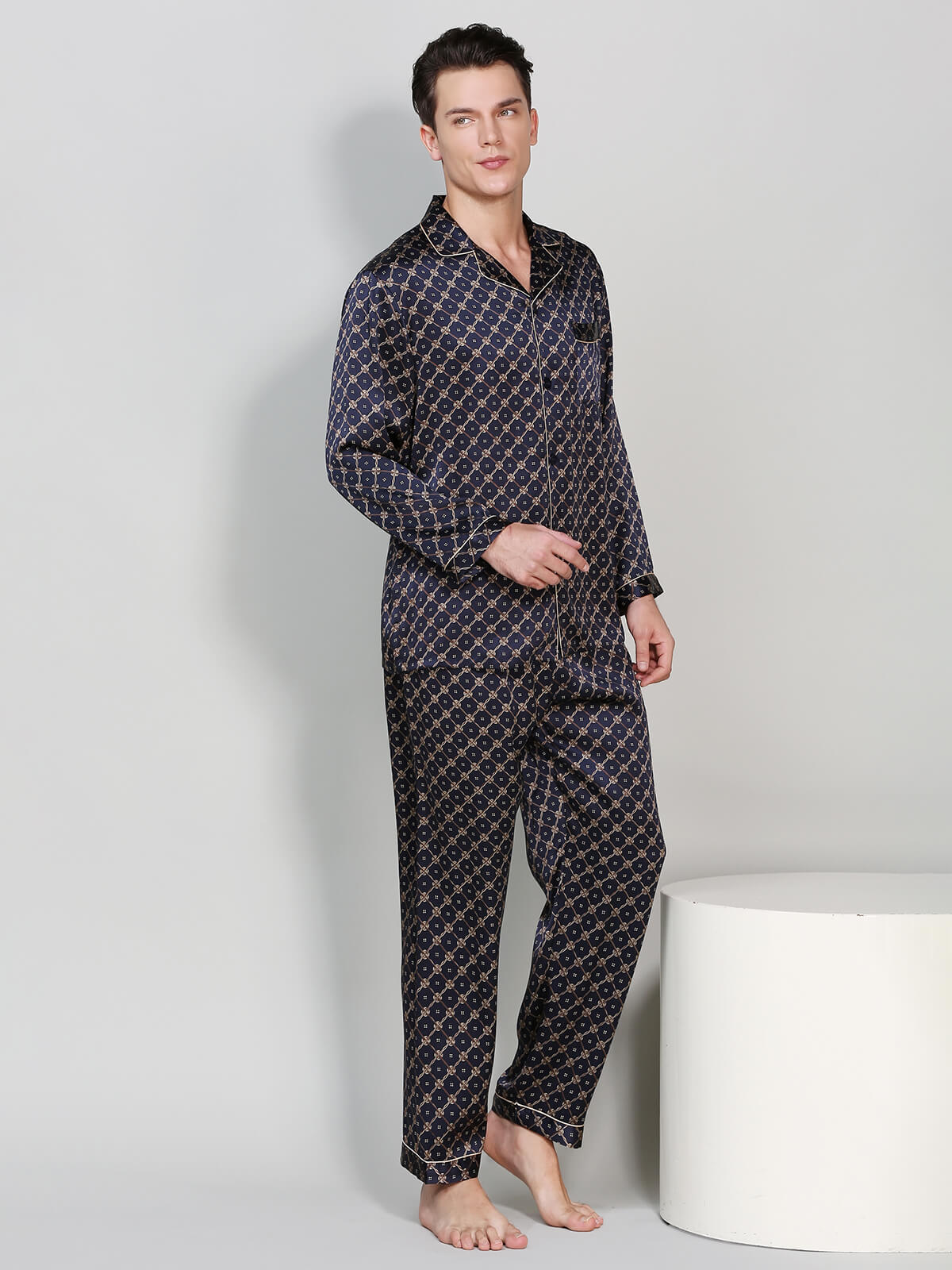 19 Momme Men's Navy Blue Geometric Print Silk Pajama Set