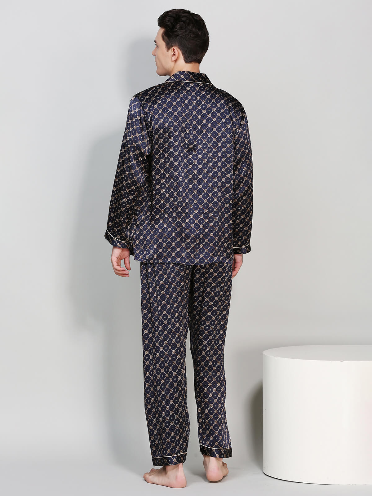 19 Momme Men's Navy Blue Geometric Print Silk Pajama Set