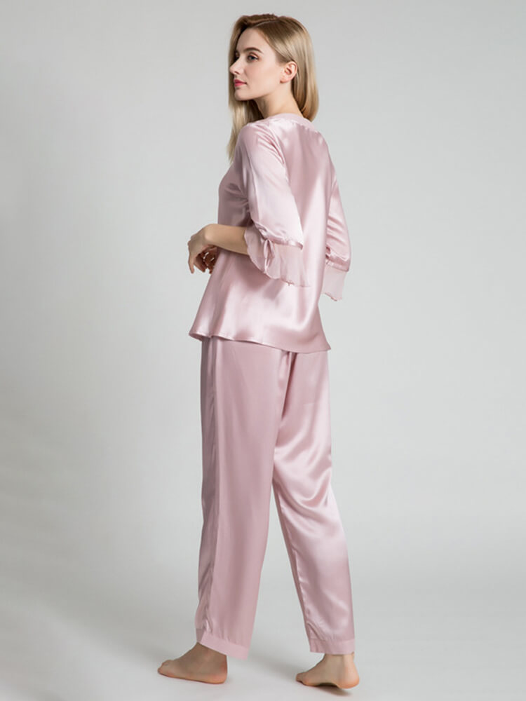 19 Momme Mid Sleeved Fancy Long Silk Pajama Set with Chiffon