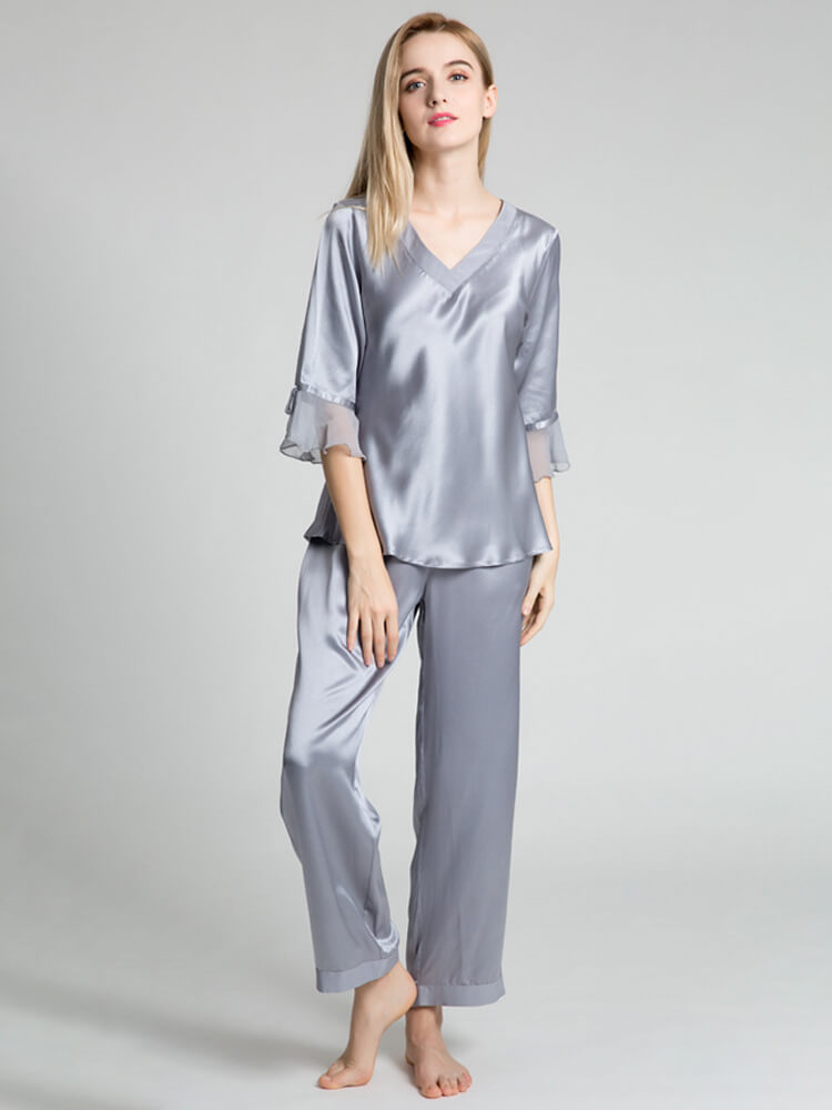 19 Momme Half Sleeve Pure Silk Pajamas Set with Ruffles