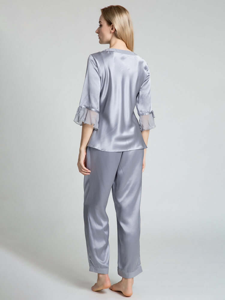 19 Momme Half Sleeve Pure Silk Pajamas Set with Ruffles